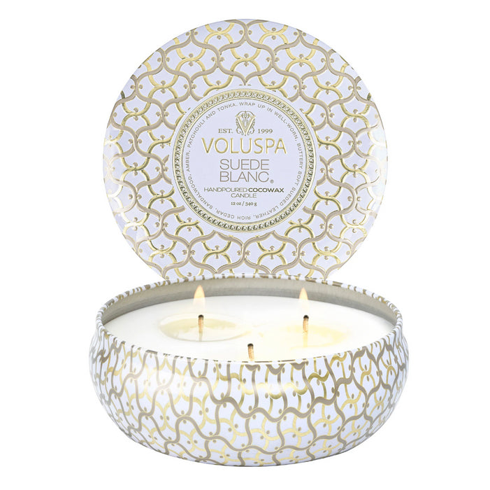 Candle 3 Wick Tin Suede Blanc