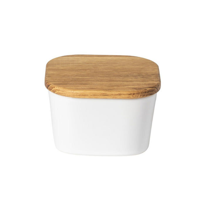 Salt Cellar Ensemble White w/Oak Lid Sq 5in